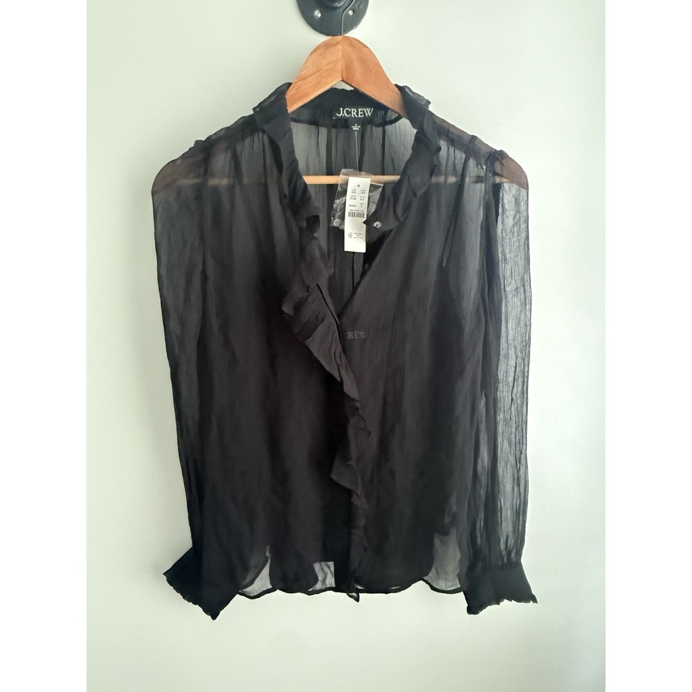 J.CREW Ruffle Button-up Shirt in Crinkle Chiffon Size 8 Black NEW Modern CF436